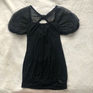 Guess Black Knit Top with Puff Sleeves and Stud Accents
